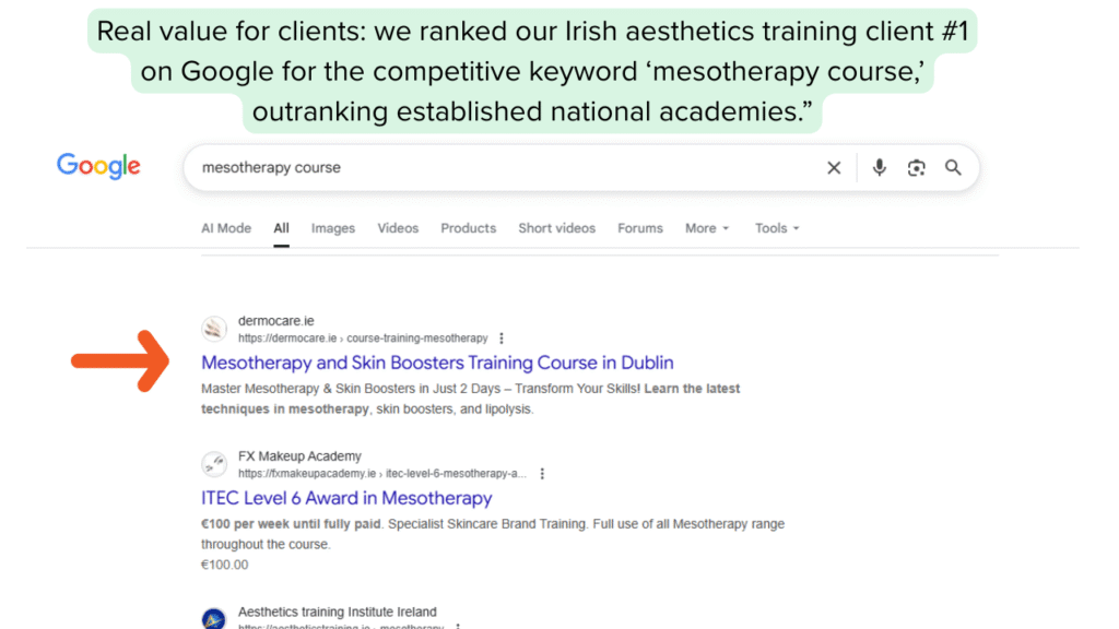 Google search results showing a Dermocare mesotherapy course listing.
