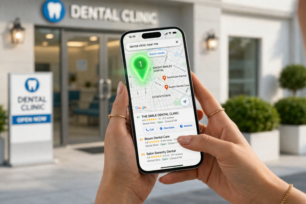 Illustration of nearby dental clinics on Google Maps.