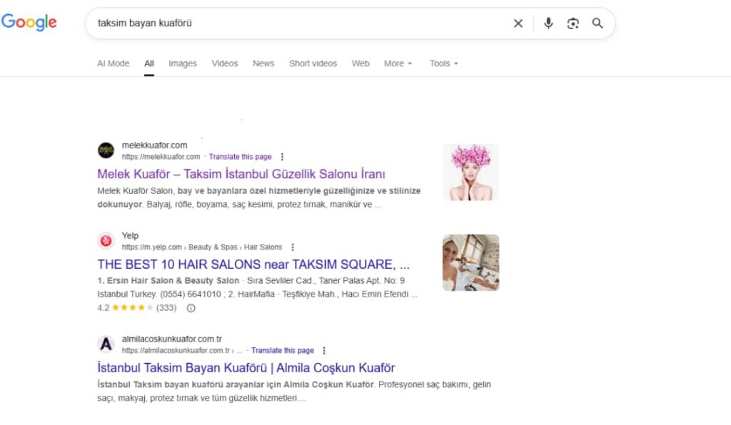 Google search results for hair salons in Taksim.