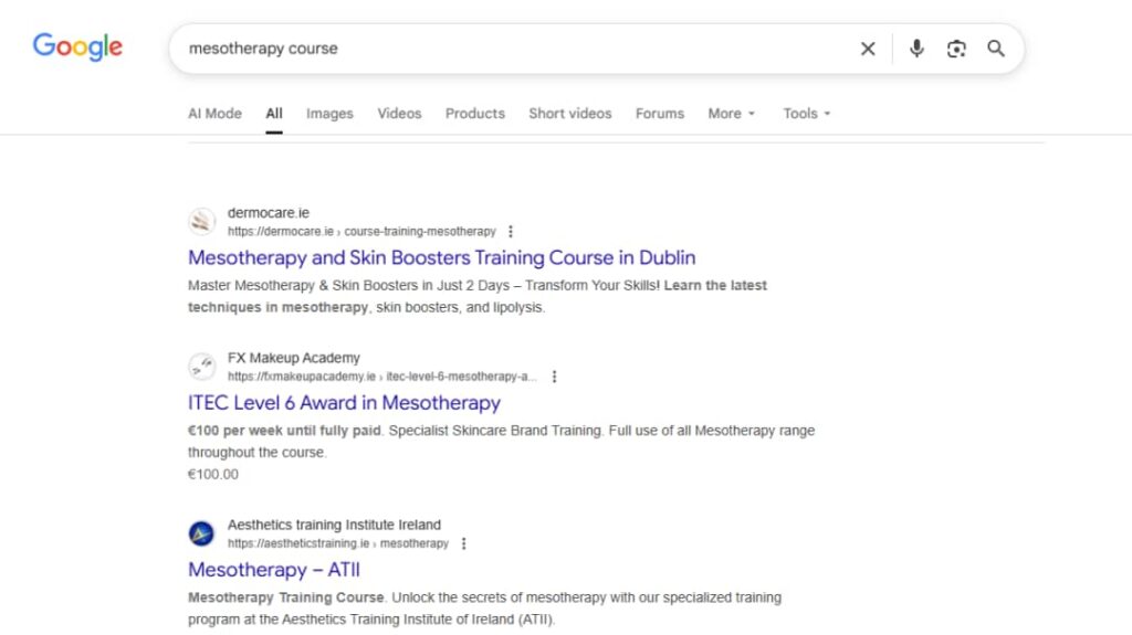 Google search results for mesotherapy courses.