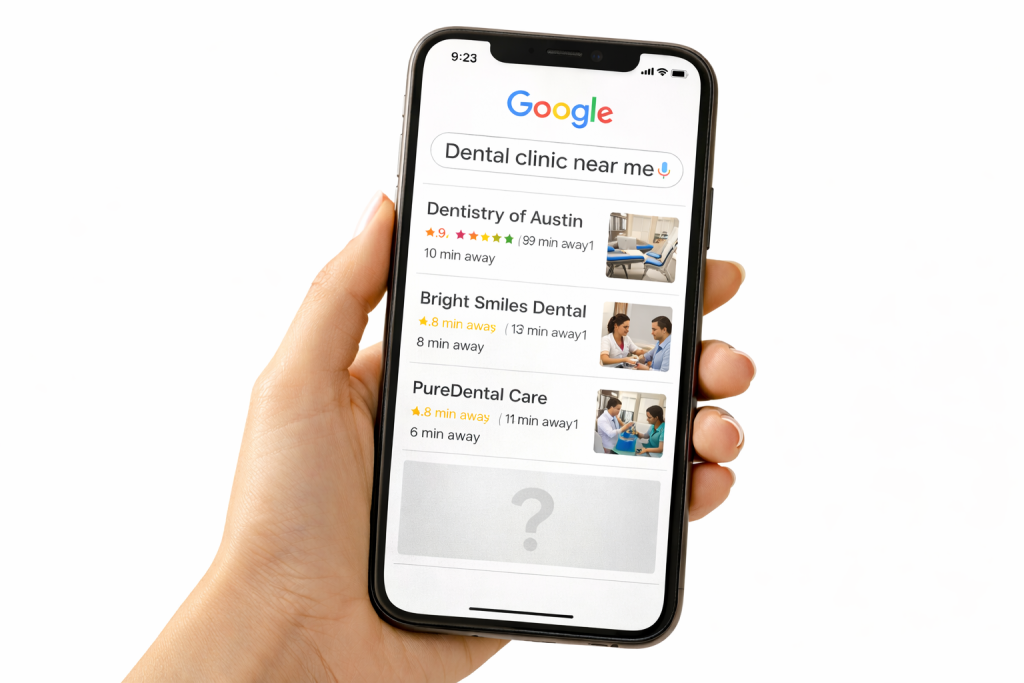 Phone showing Google results for nearby dental clinics.